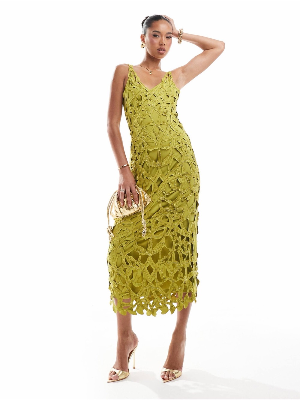 ASOS DESIGN embellished open cutwork midi dress in chartreuse 8